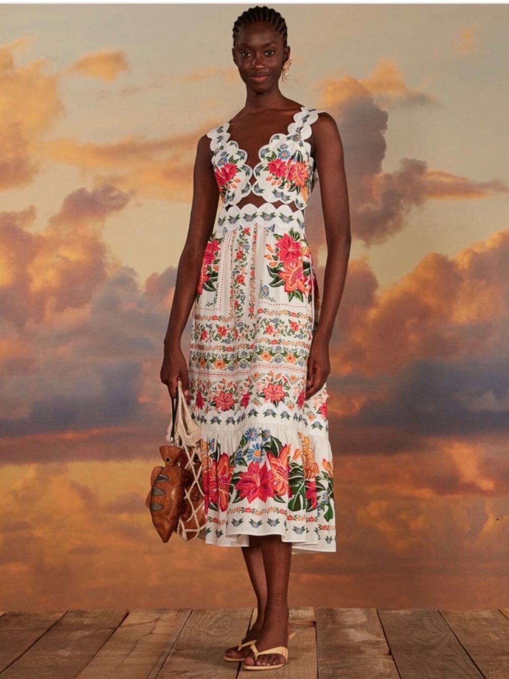 Farm Rio  OfF  White Bloom Garden Euroflax Linen Midi dresss NWT Medium